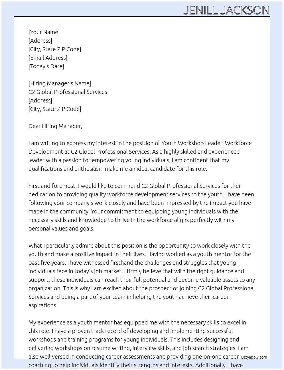Youth Workshop Leader, Workforce Development At C2 Global Professional Services Cover Letter