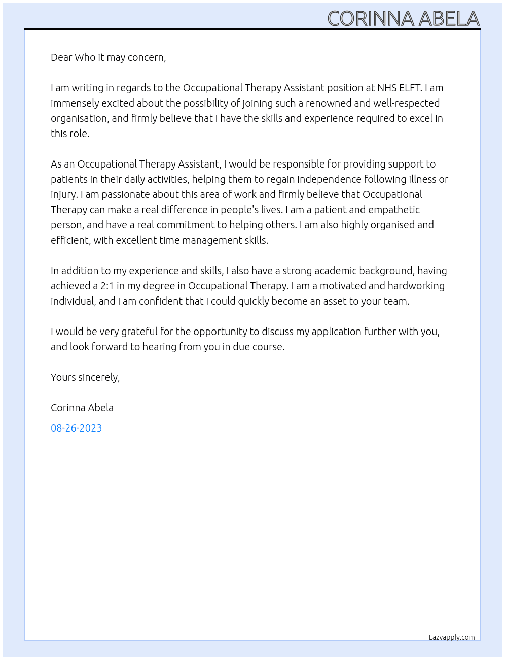 Occupational Therapy Assistant At NHS ELFT Cover Letter