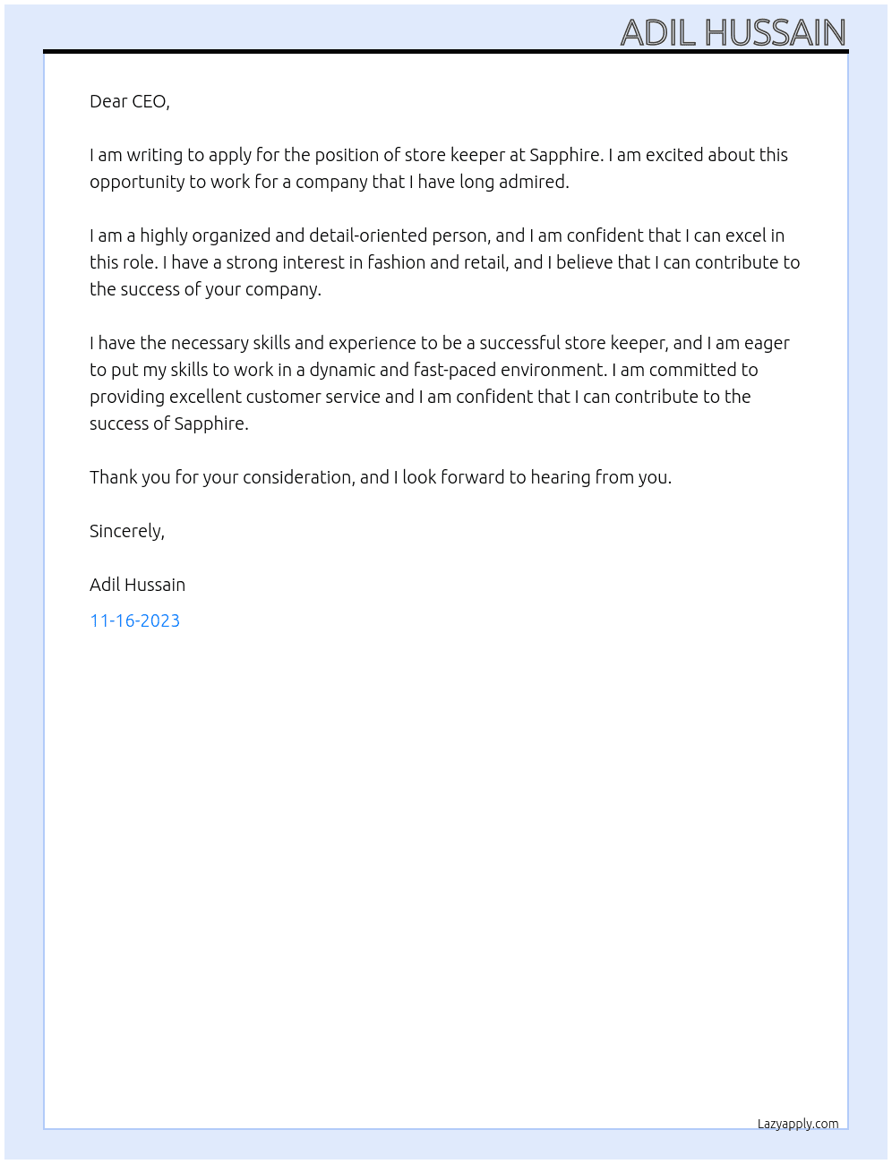 store keper At sapphire Cover Letter