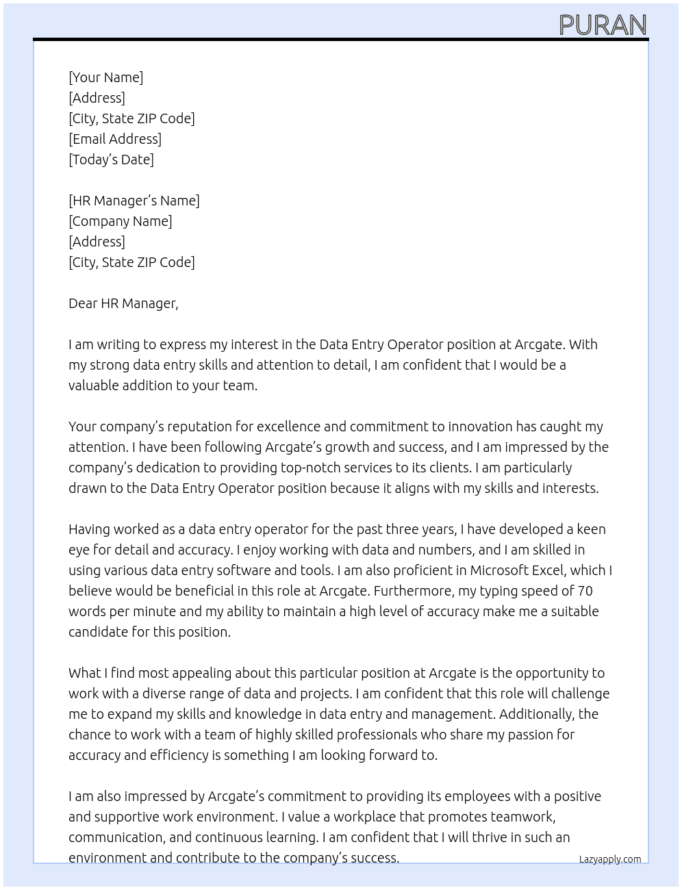 Data entry operator  At Arcgate Cover Letter