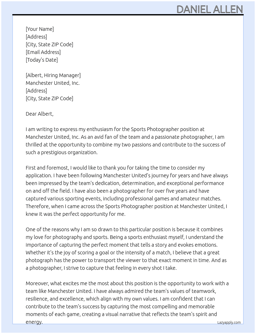 Sports Photographer  At Manchester United. Inc  Cover Letter