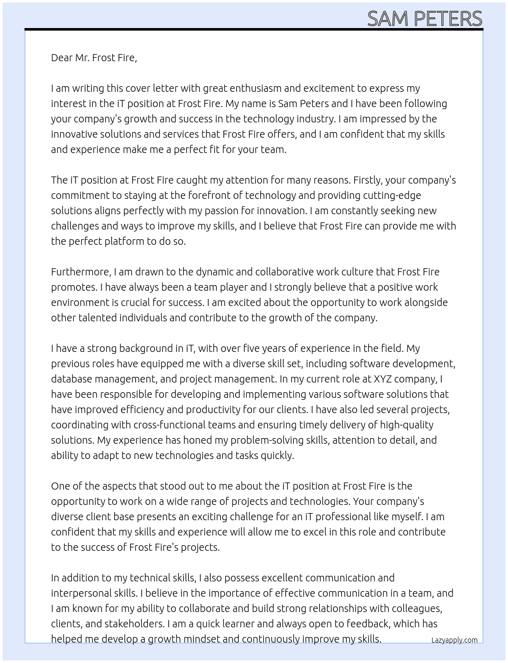 iT At Frost fire Cover Letter