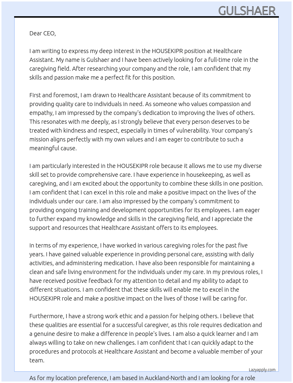 HOUSEKIPR  At Healthcare Assistant Cover Letter