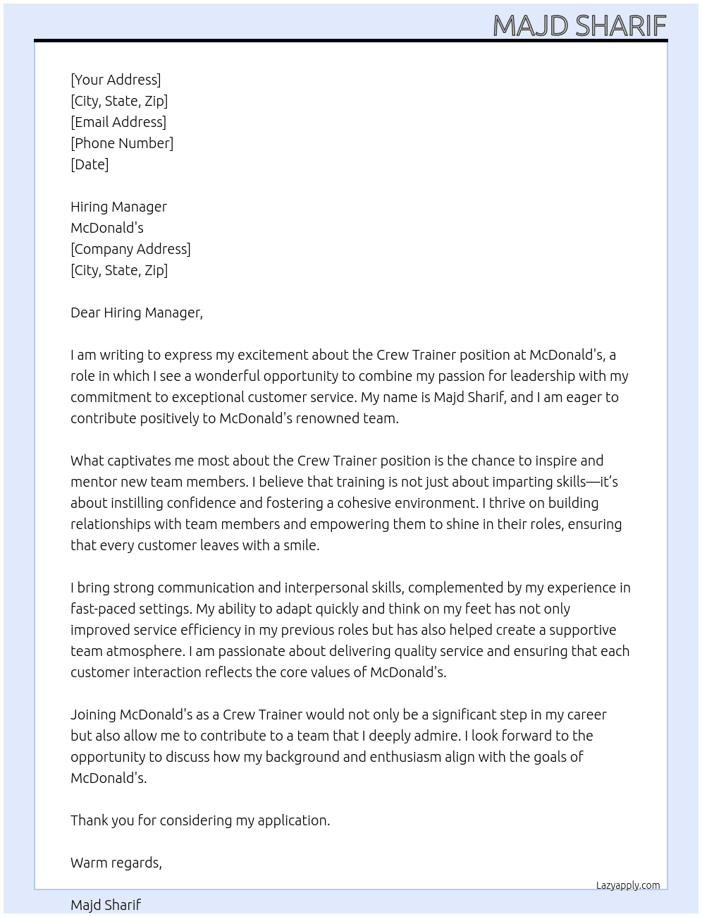 Crew trainer At Mcdonald's Cover Letter