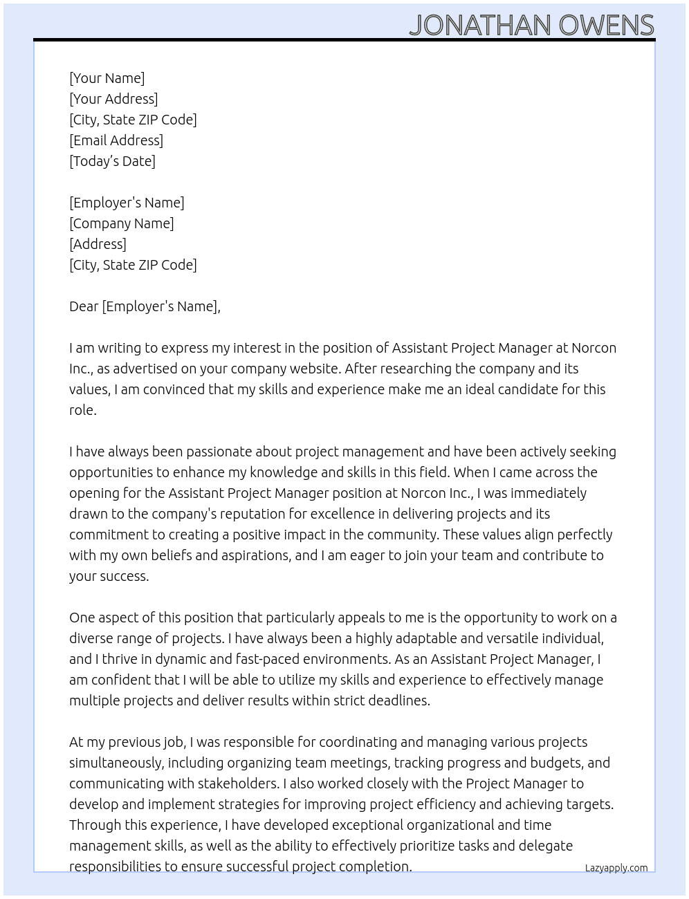 Assistant Project Manager At Norcon Inc. Cover Letter