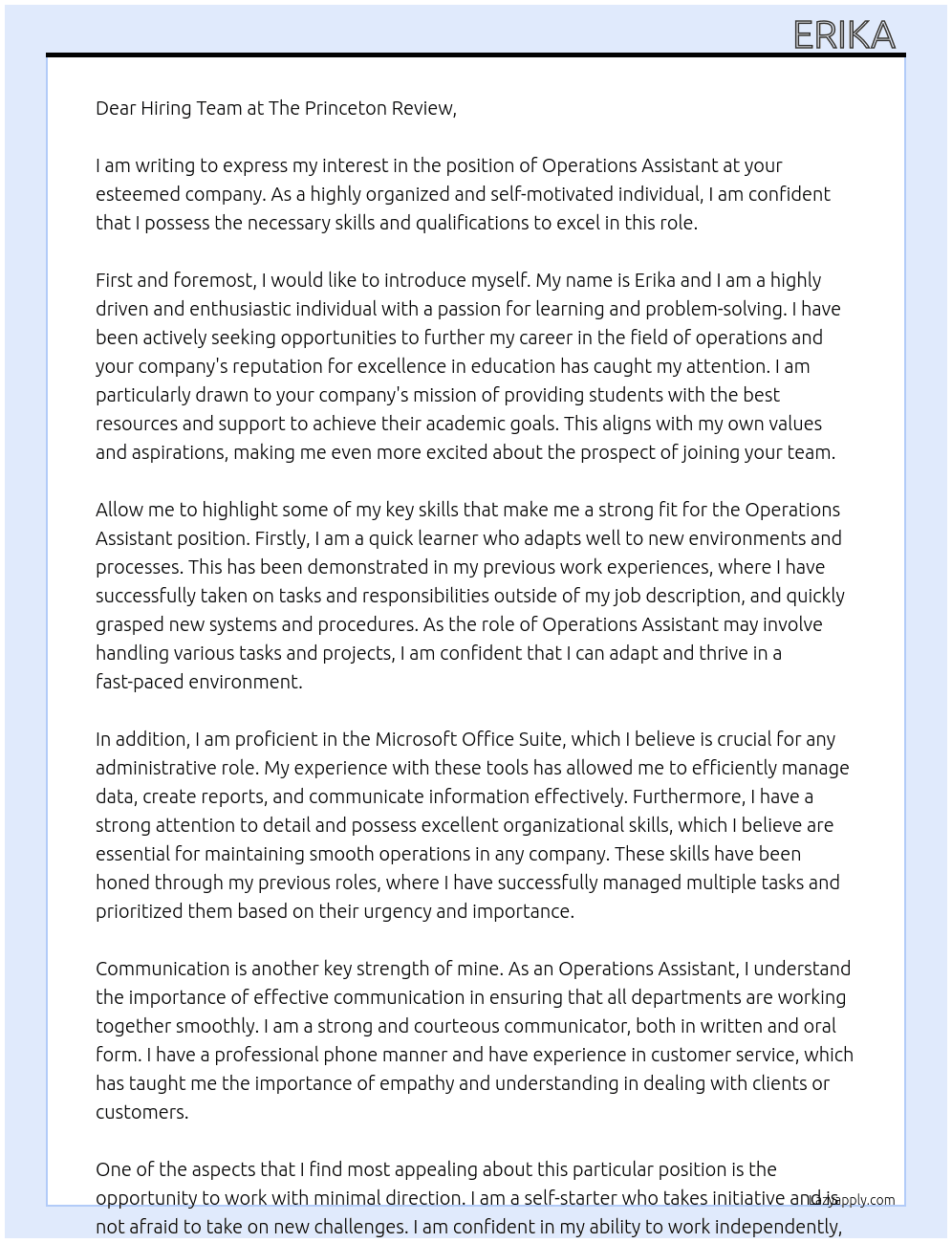 Operations Assistant At The Princeton Review Cover Letter