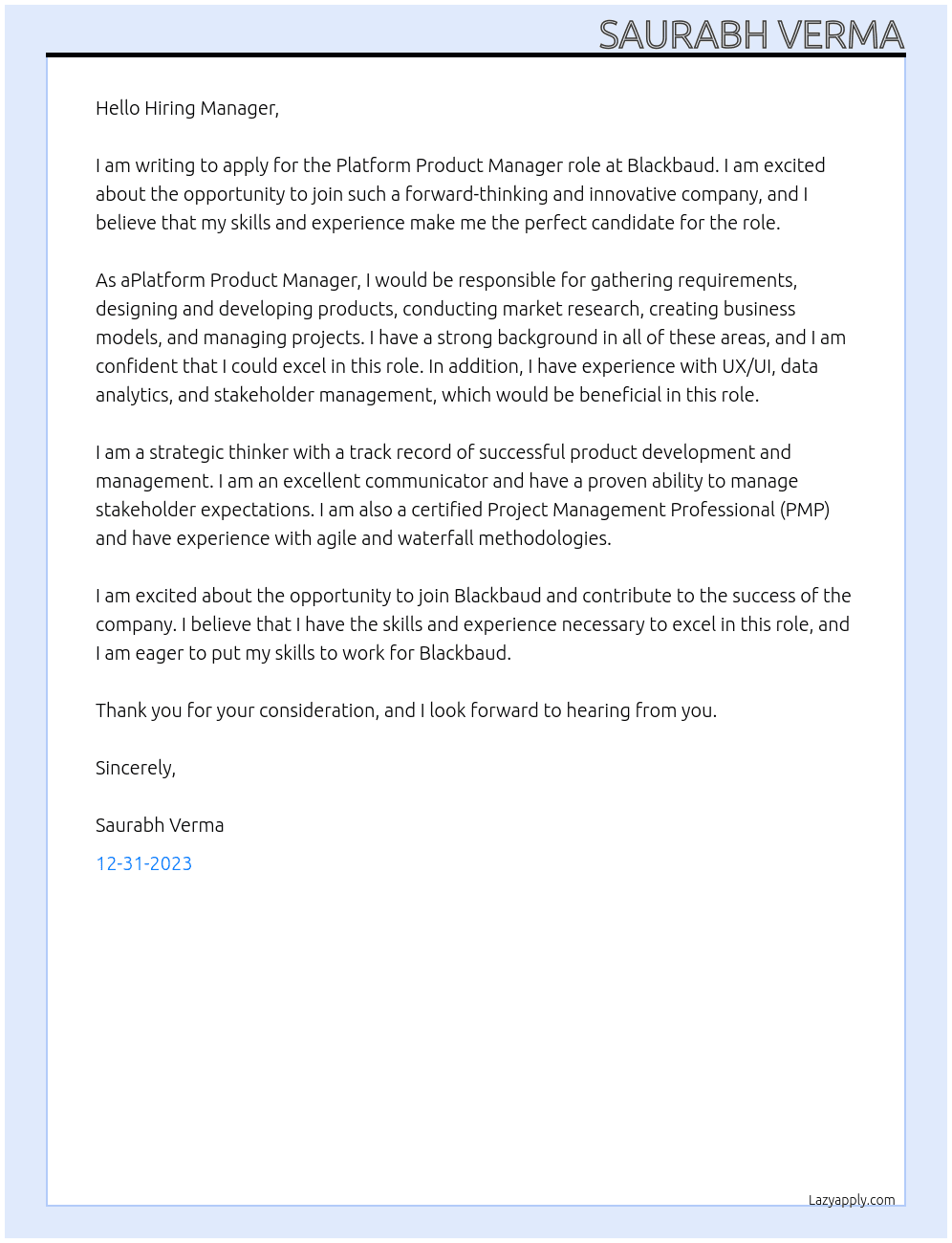 Platform Product Manager At Blackbaud Cover Letter