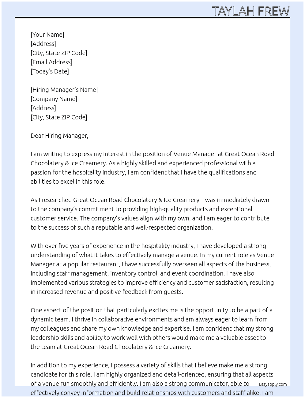 Venue Manager At Great Ocean Road Chocolatery & Ice Creamery Cover Letter