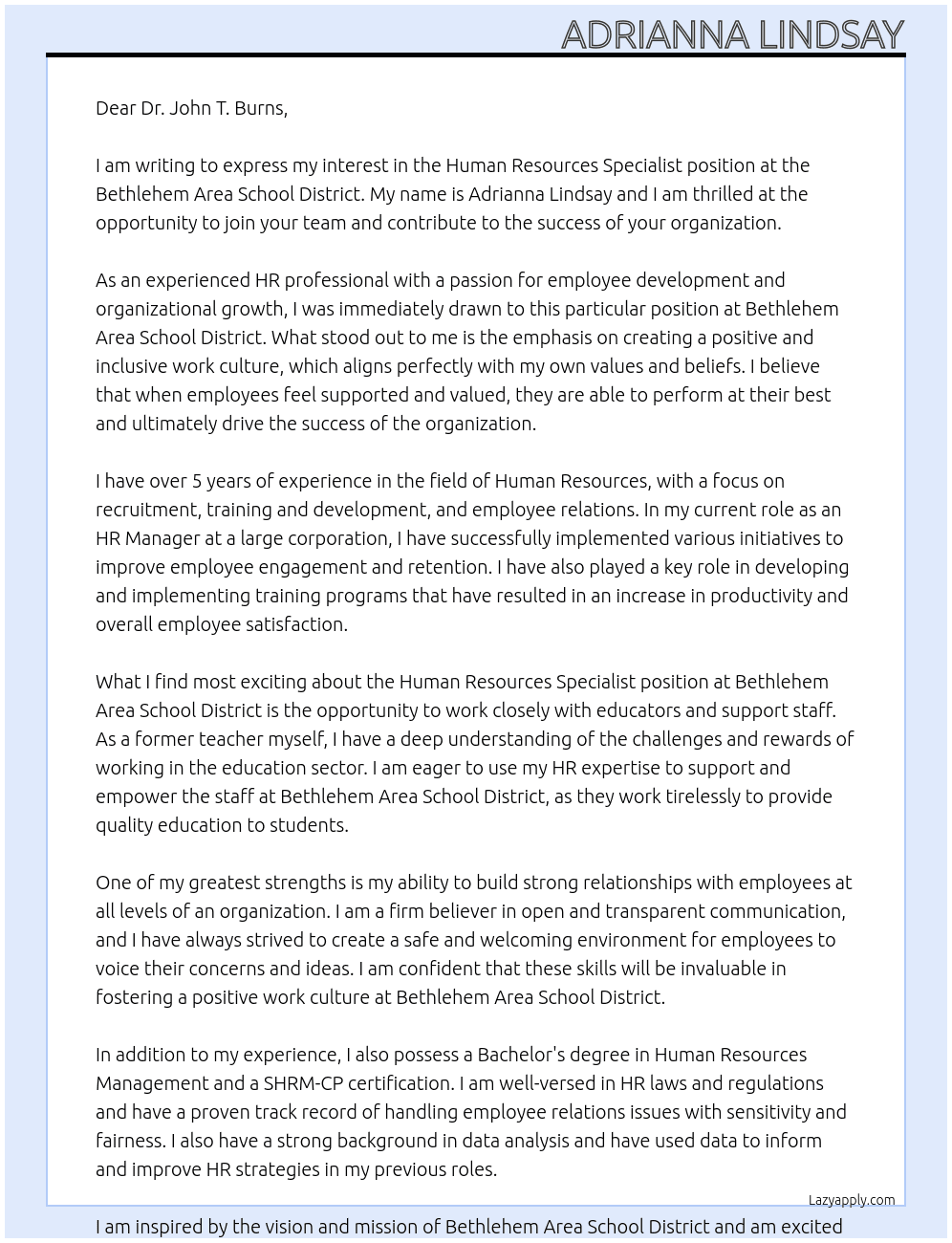 Human Resources Specialist At Bethlehem Area School District Cover Letter
