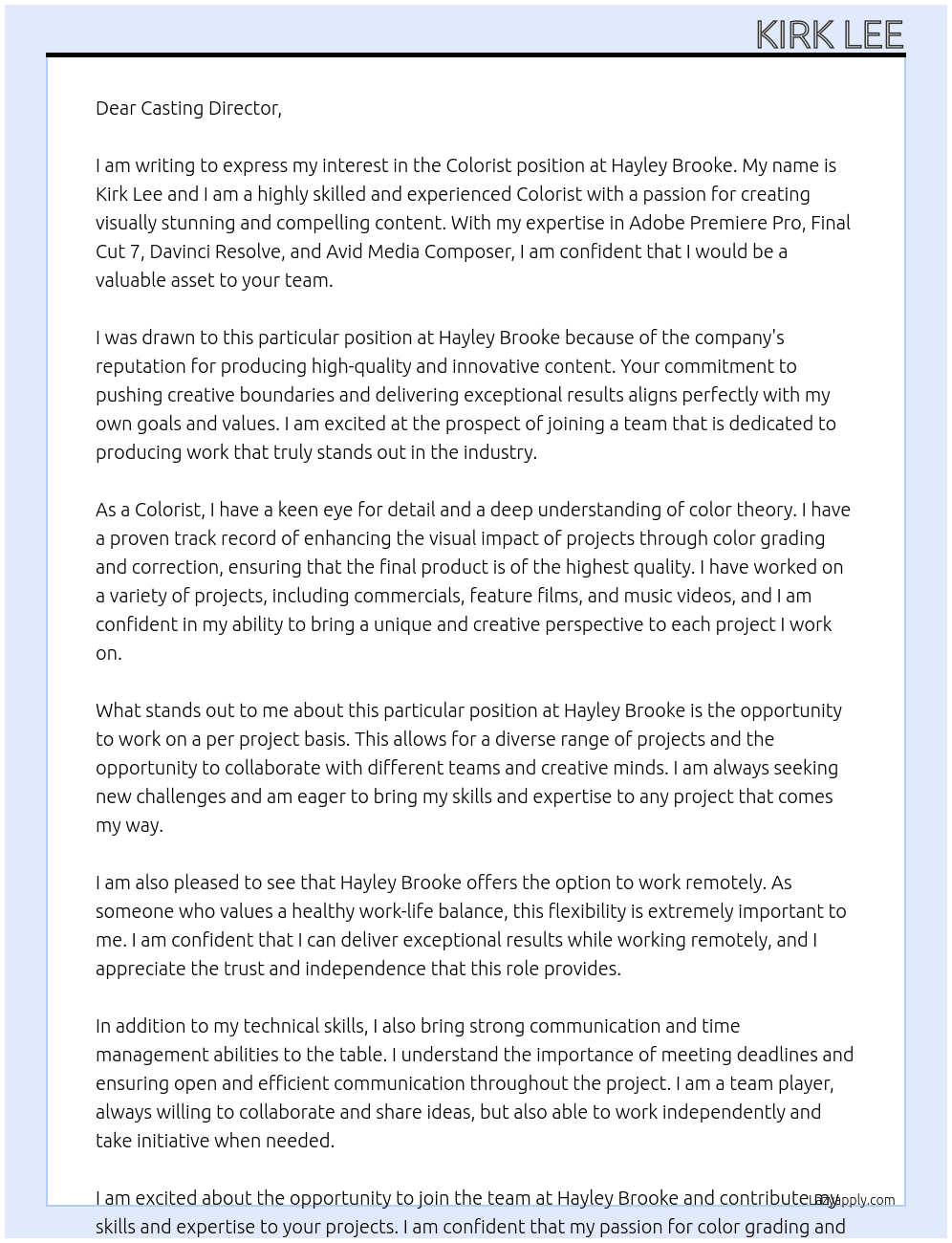 Colorist At Hayley Brooke Cover Letter