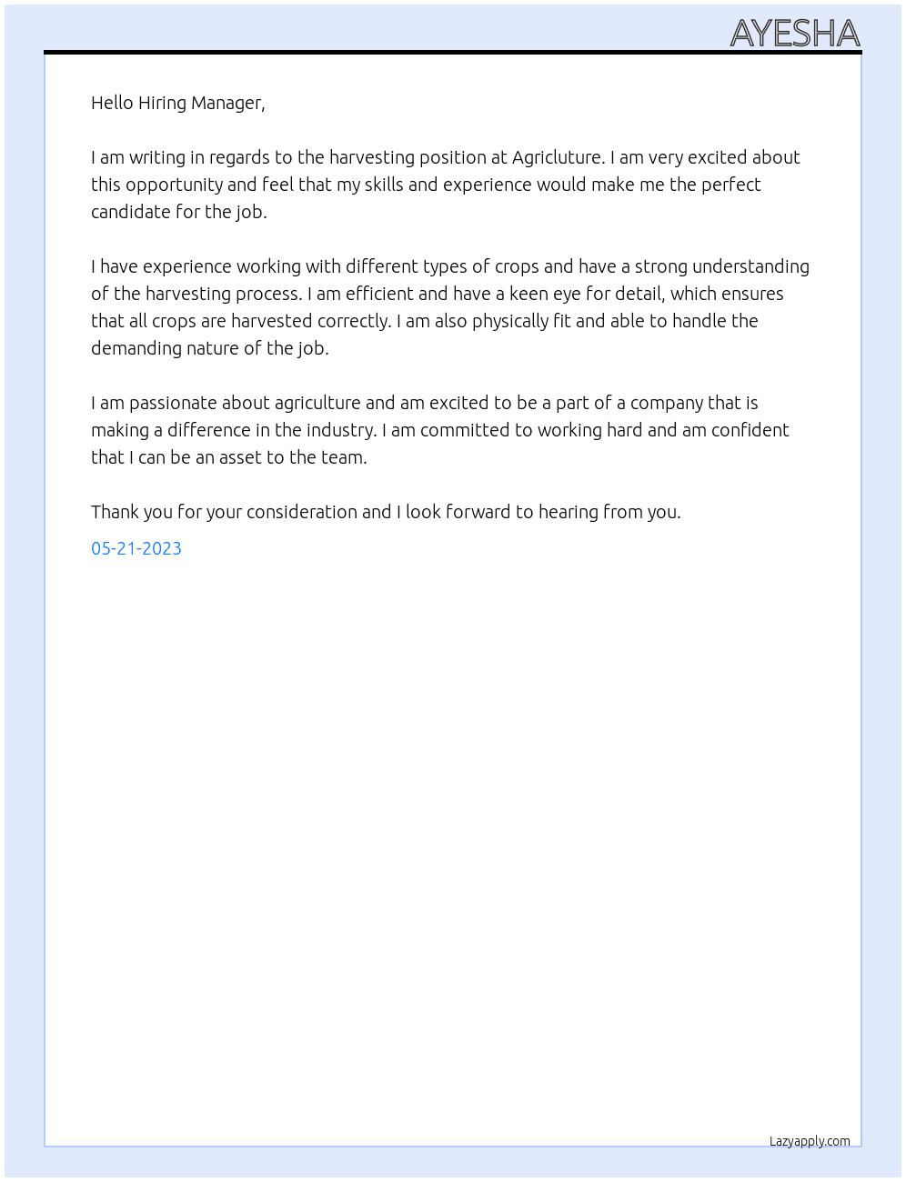 harvesting At Agricluture Cover Letter