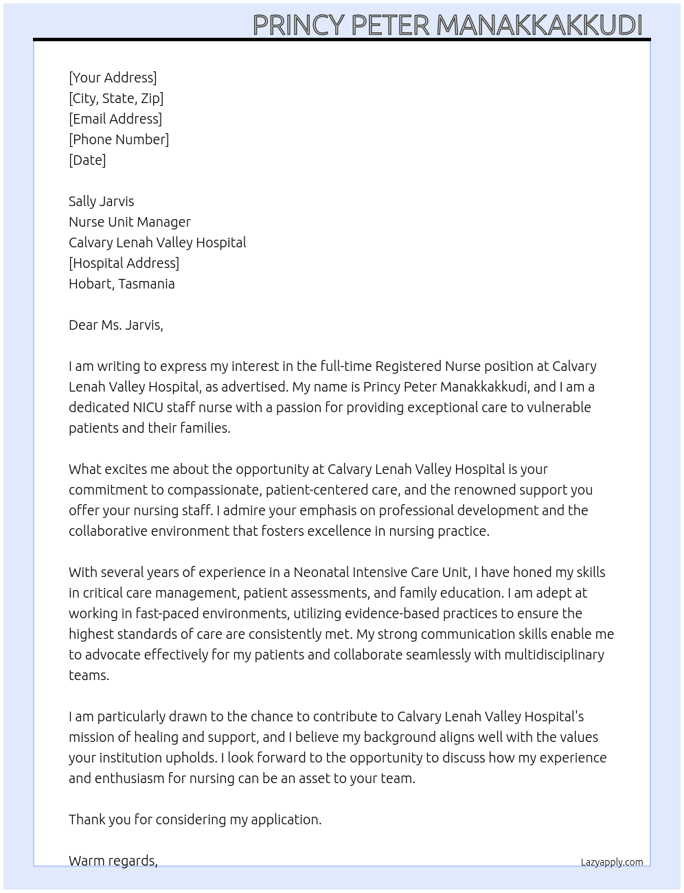 Registered nurse  At Calvary Lenah Valley Hospital Cover Letter