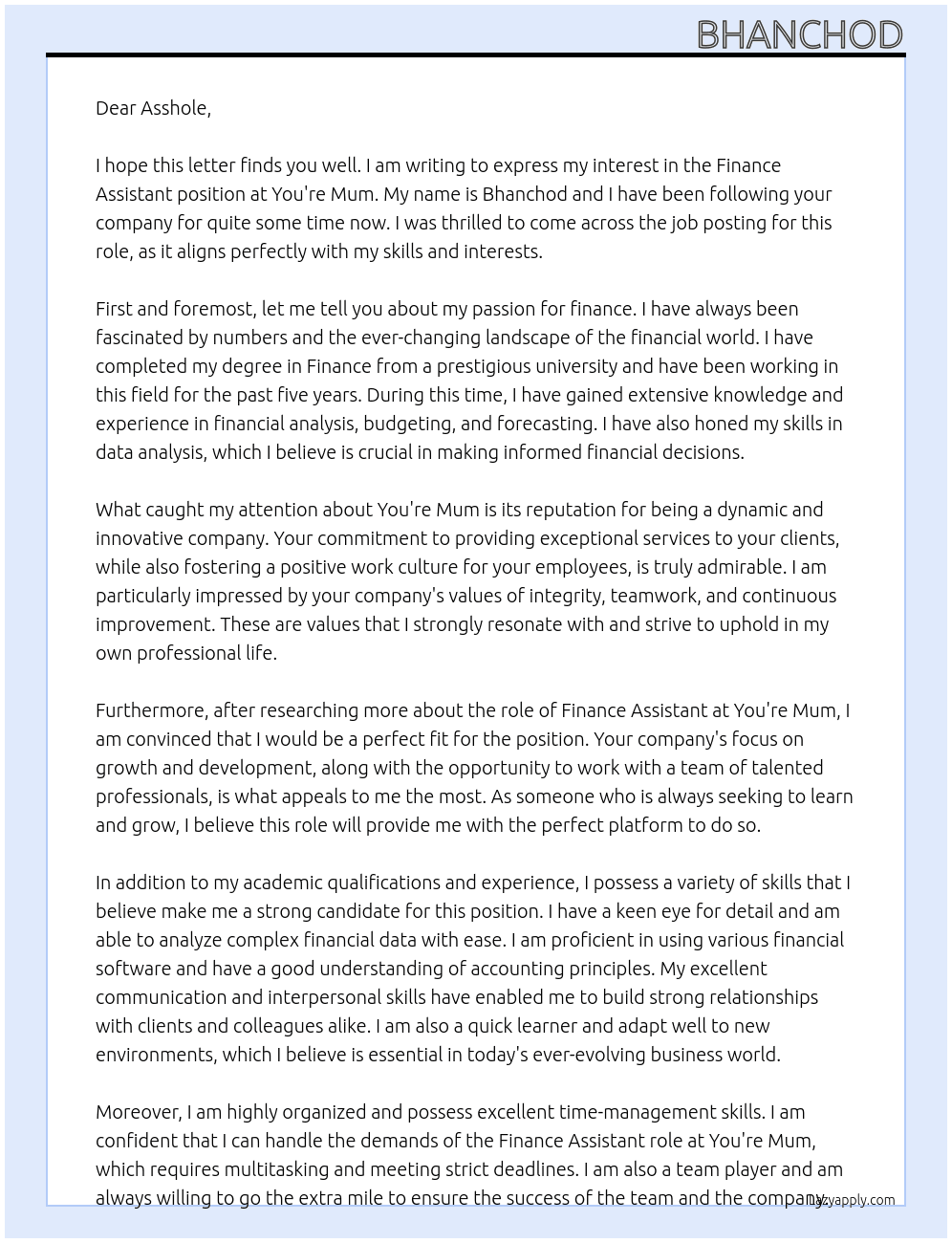 Finance Assistant At You're Mum Cover Letter