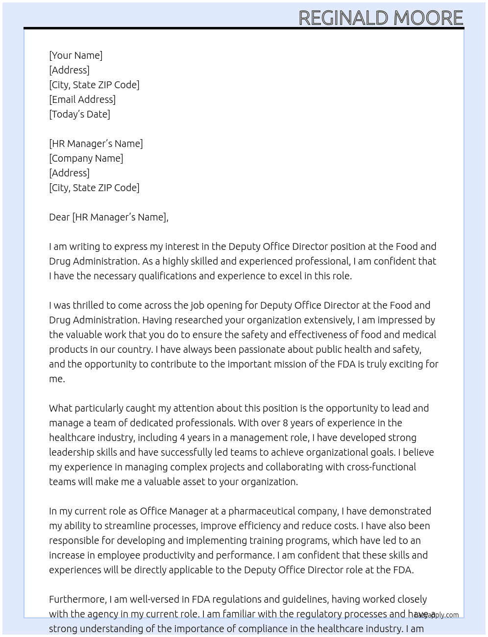 Deputy office director At Food and Drug Administration Cover Letter