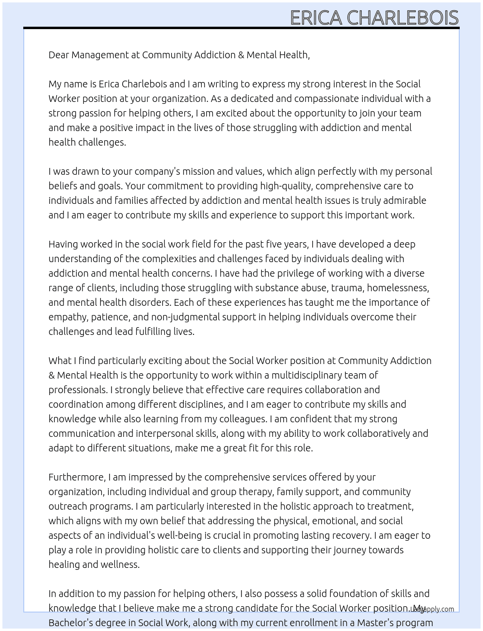 Social Worker At Community Addiction & Mental Health Cover Letter