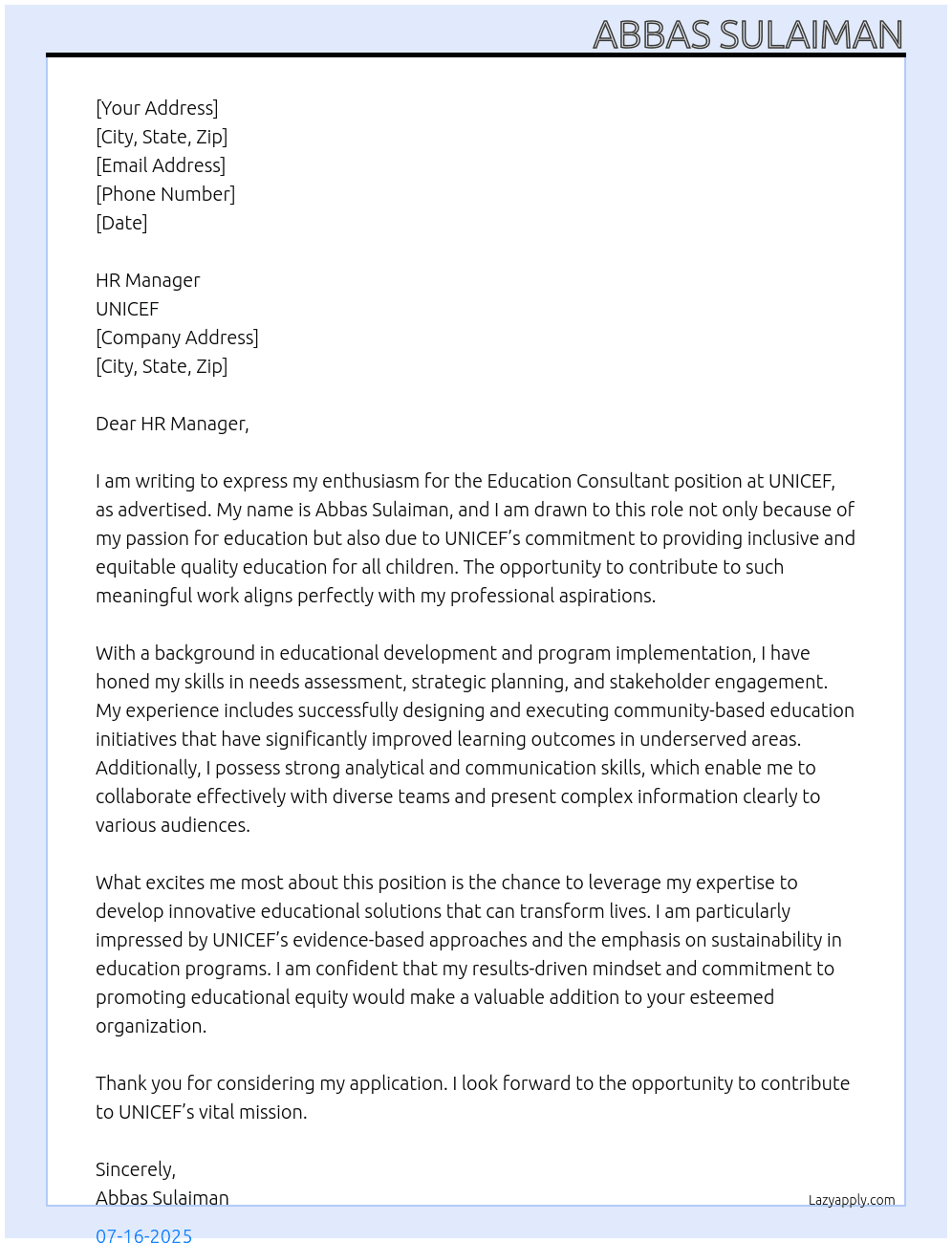 Cover letter for education consultant - LazyApply