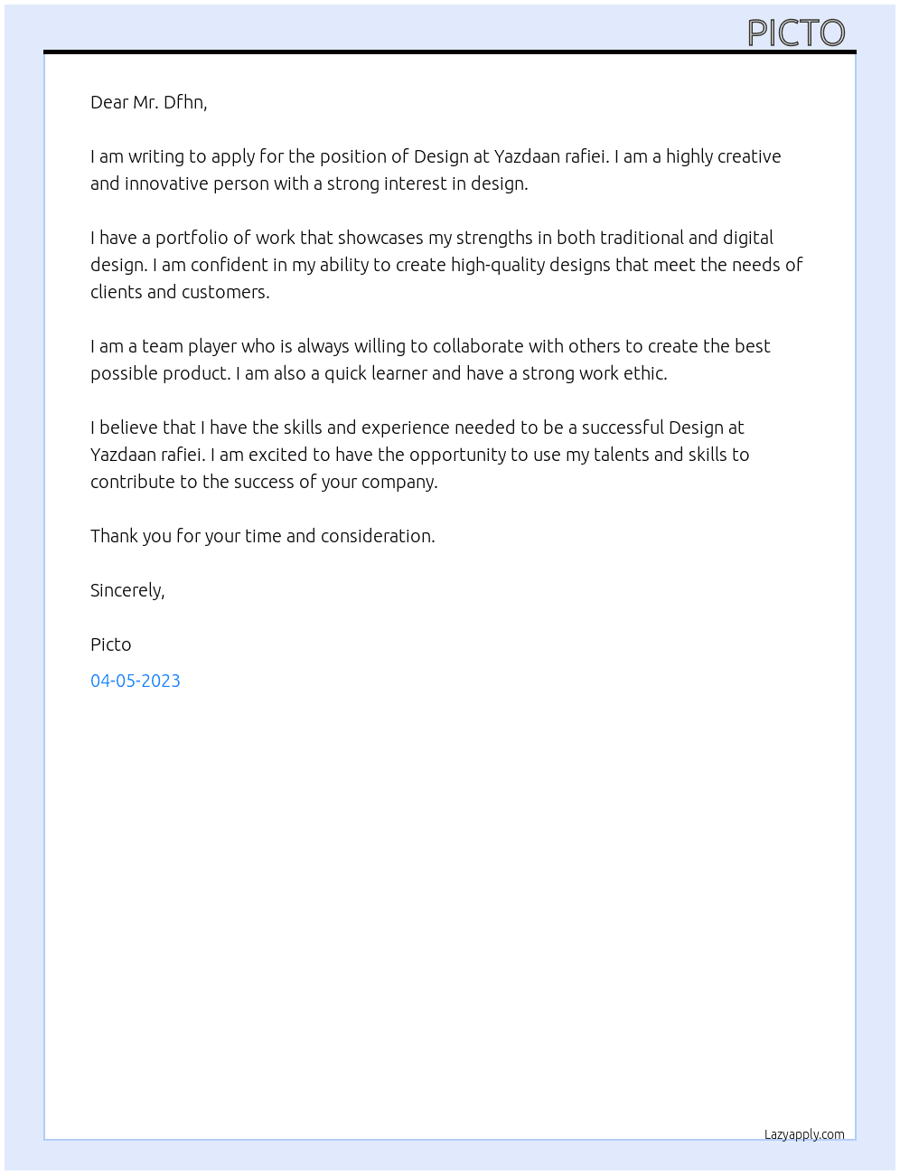 Design  At Yazdaan rafiei Cover Letter