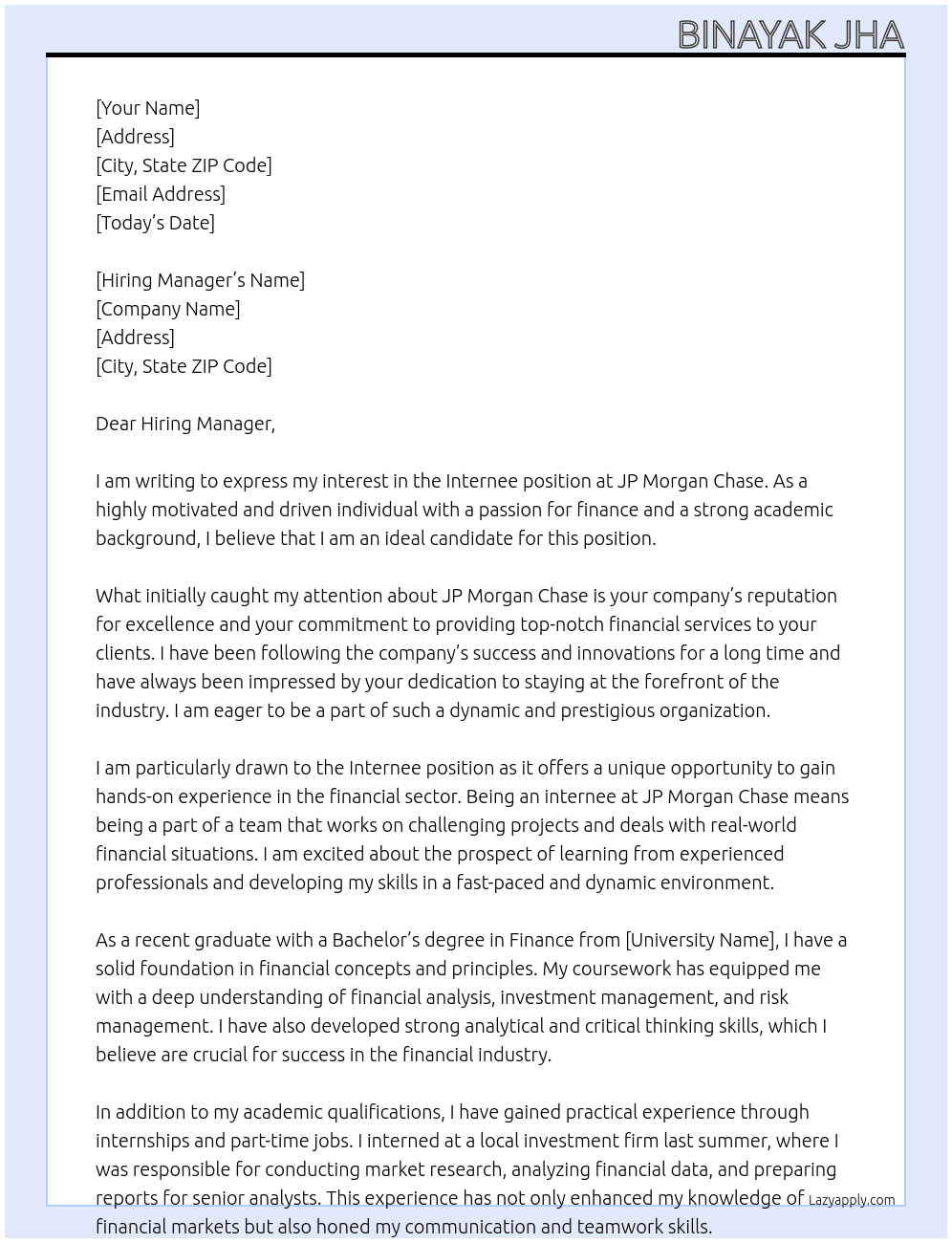 Internee At JP Morgan Chase Cover Letter
