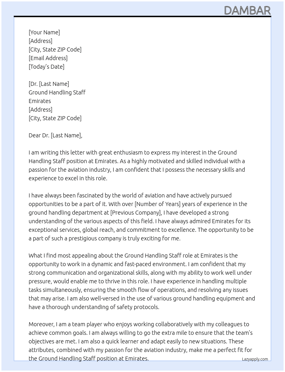 Cover letter for ground hndling staff - LazyApply