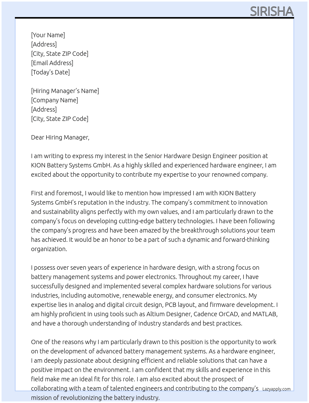 Senior Hardware Design Engineer At KION Battery Systems GmbH Cover Letter