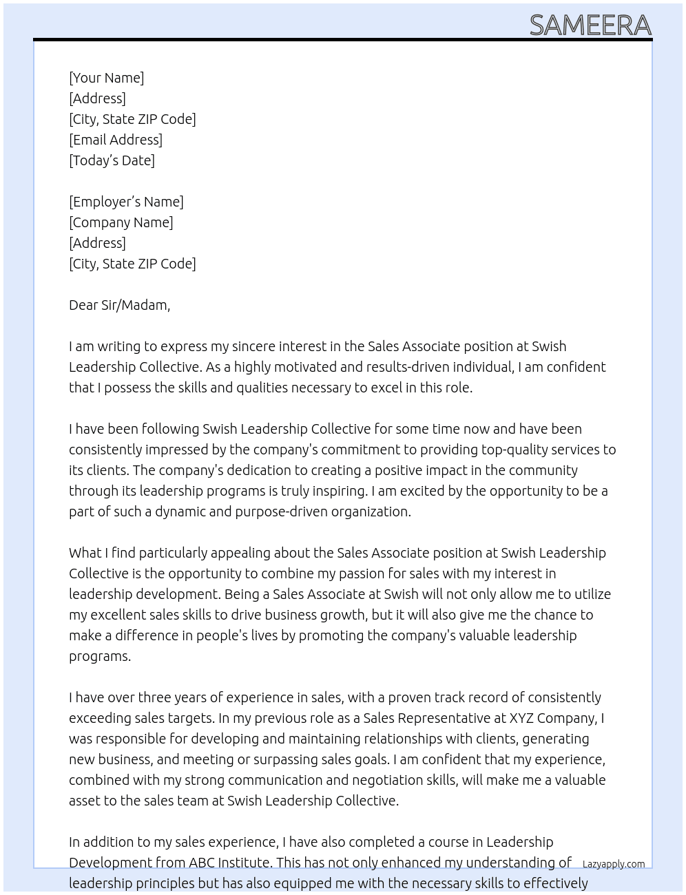 SALES ASSOCIATE At Swish Leadership Collective Cover Letter