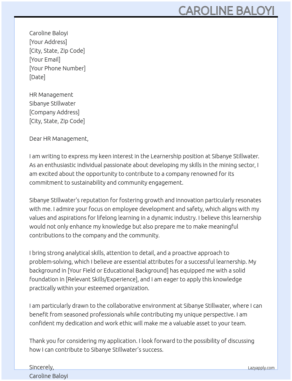 Learnership At Sibanye still water Cover Letter