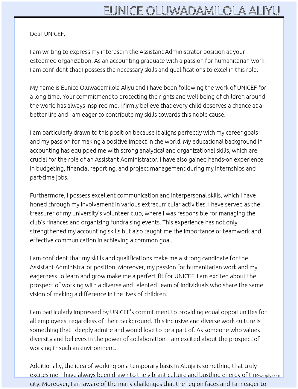 Assistant Administrator  At Assistant Administrator  Cover Letter