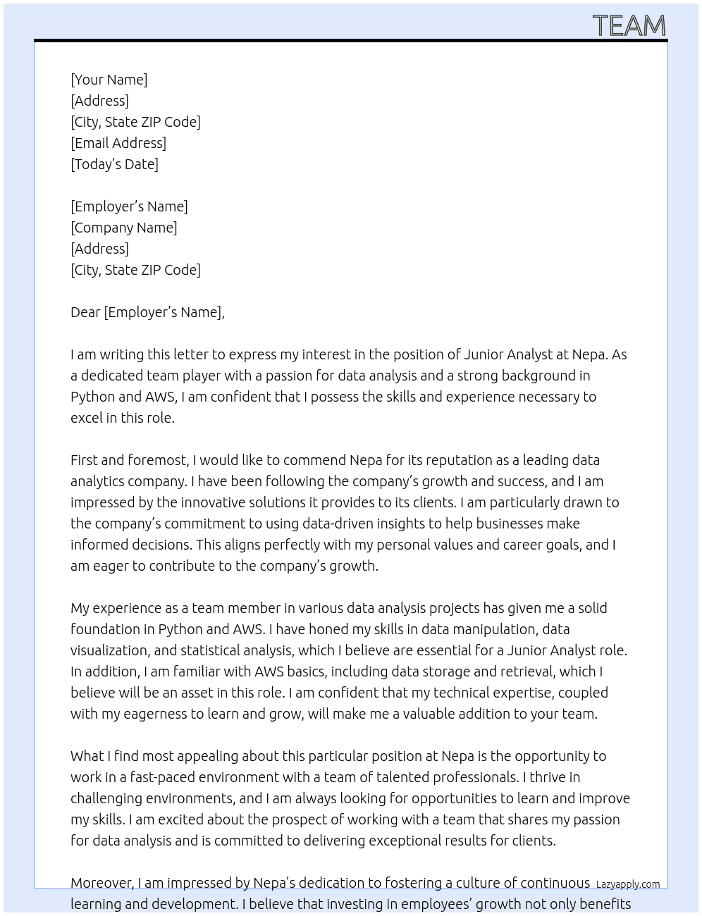 Junior Analyst At Nepa Cover Letter