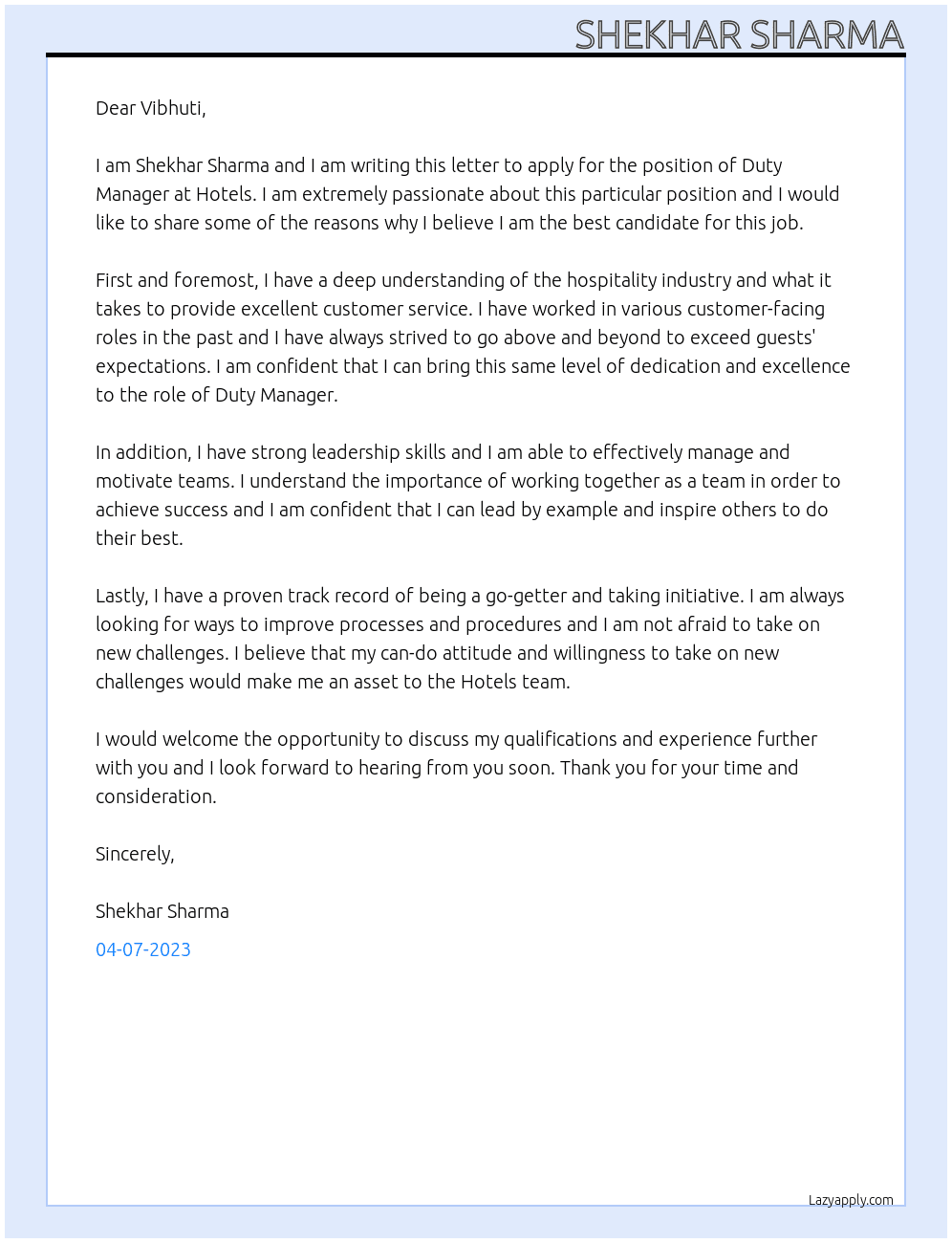 Duty Manager At Hotels Cover Letter