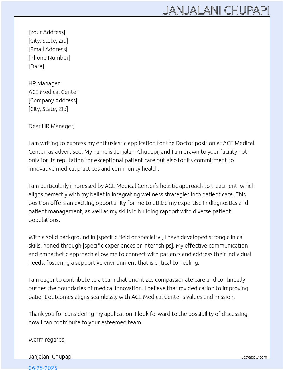 Doctor At ACE Medical Center Cover Letter