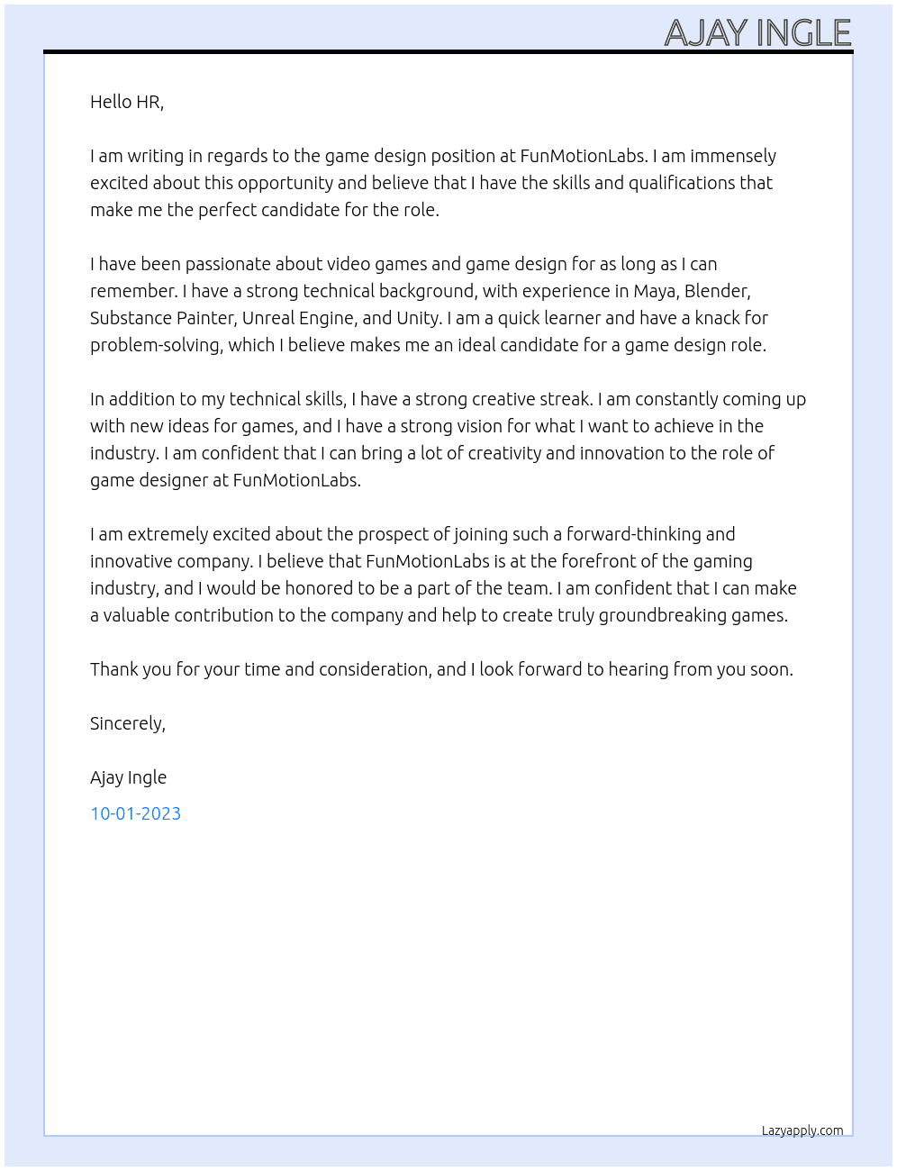 Game design At FunMotionLabs  Cover Letter