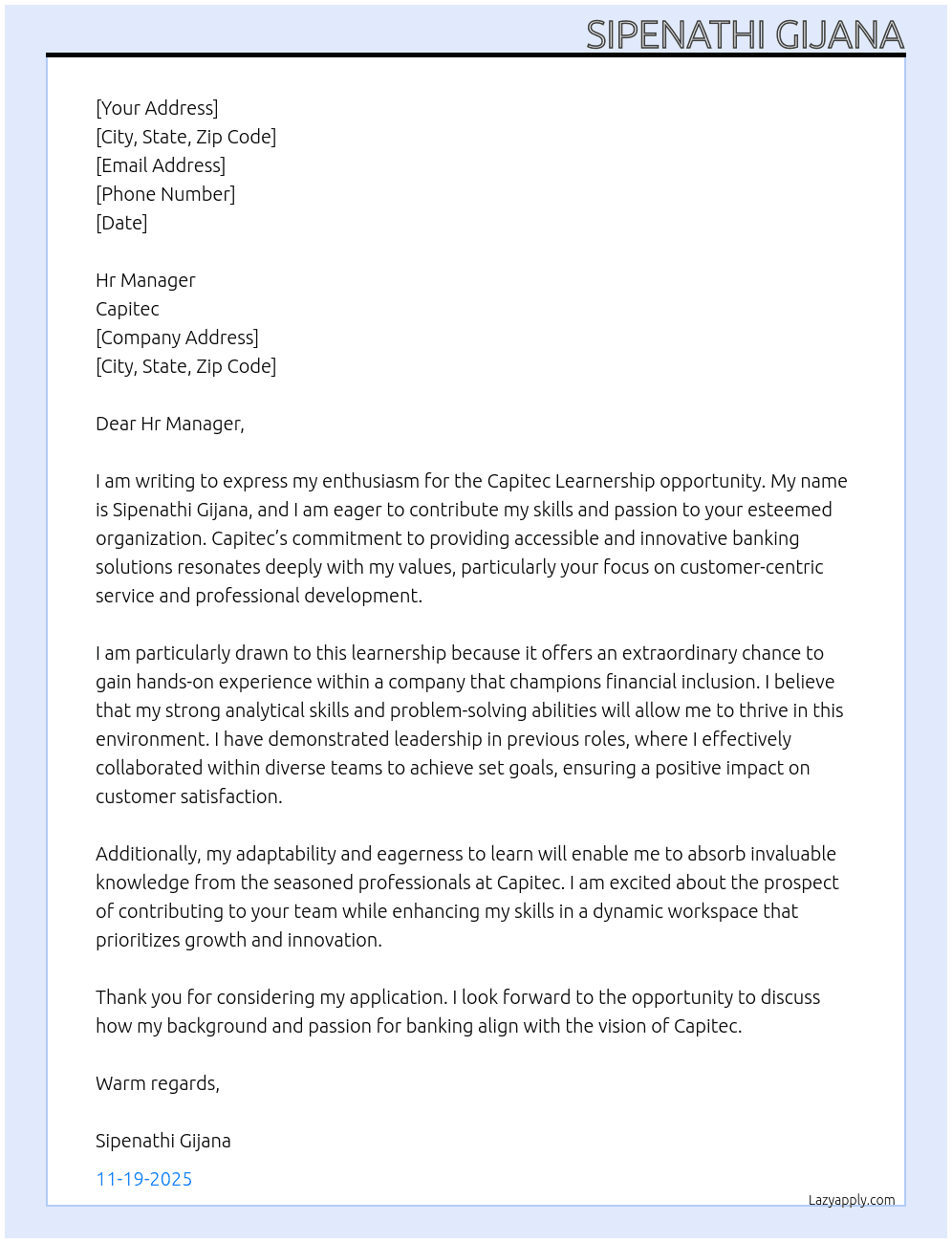 Capitec learnership  At Capitec  Cover Letter