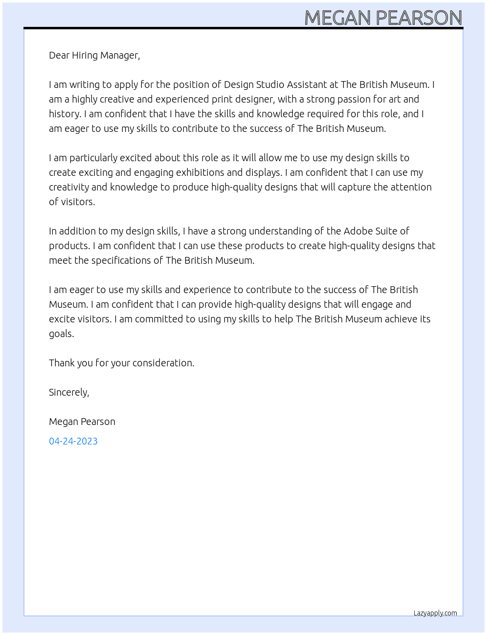 Design Studio Assistant At The British Mueseum Cover Letter
