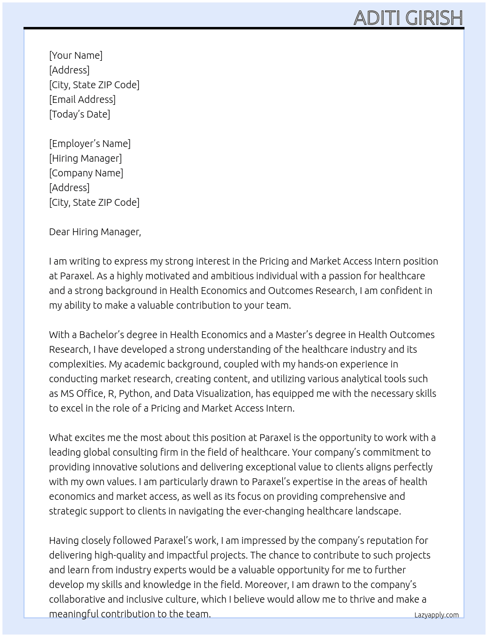 Pricing and Market Access Intern At Paraxel Cover Letter