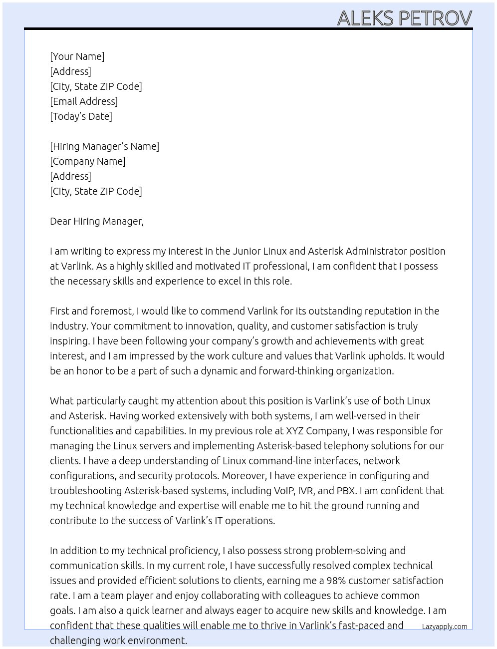 Junior Linux and Asterisk Administrator At Varlink Cover Letter
