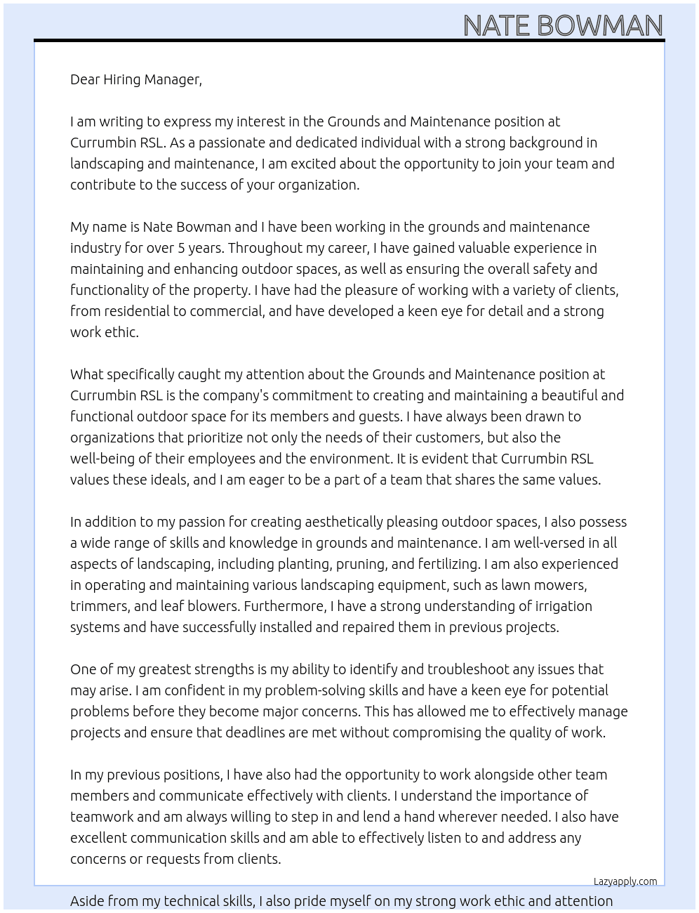 Grounds and maintenance  At Currumbin RSL Cover Letter