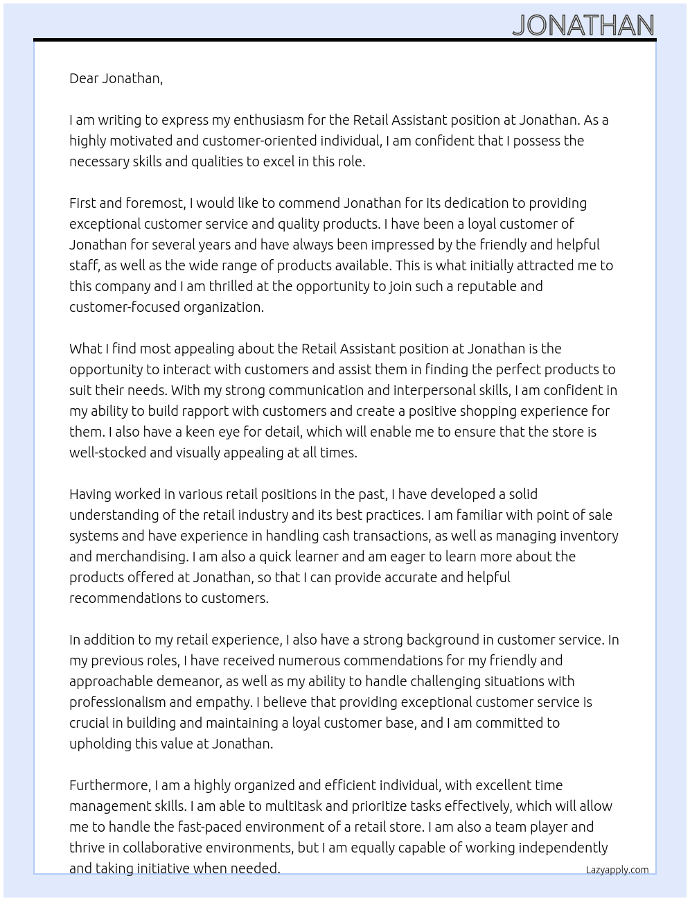 Retail Assistant At Jonathan Cover Letter