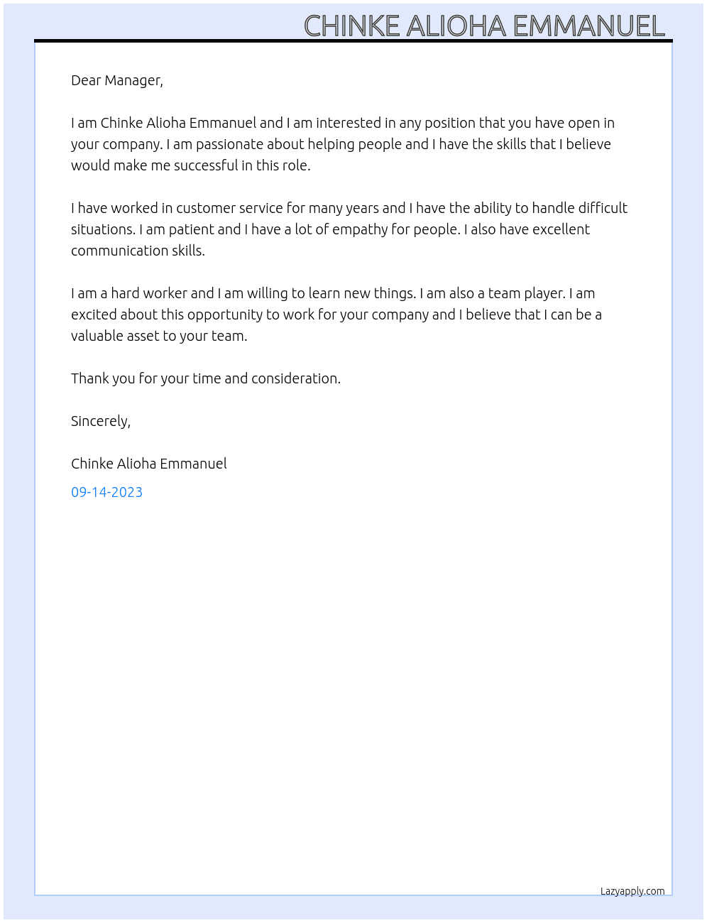 Any position  At Establishment  Cover Letter