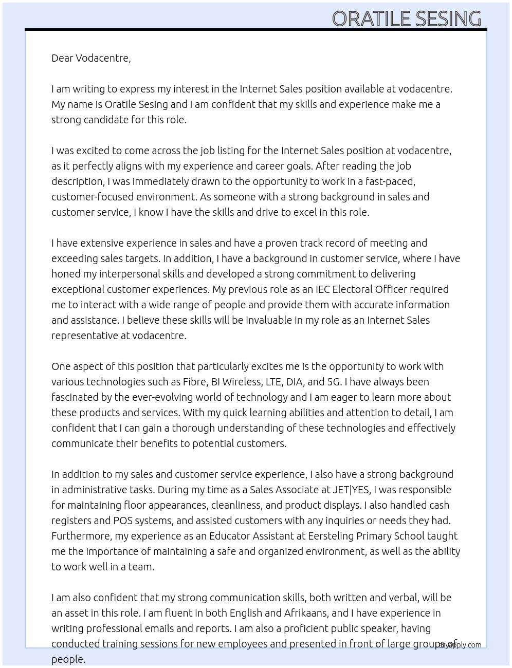 Internet sales  At vodacentre Cover Letter