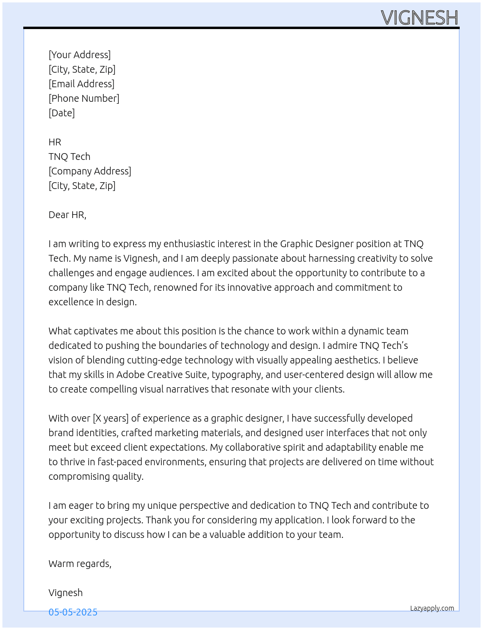 graphic designer At TNQ Tech Cover Letter