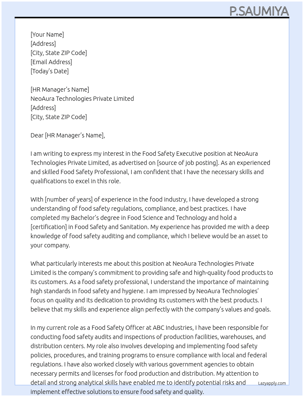 Food safety Executive At NeoAura Technologies Private Limited Cover Letter