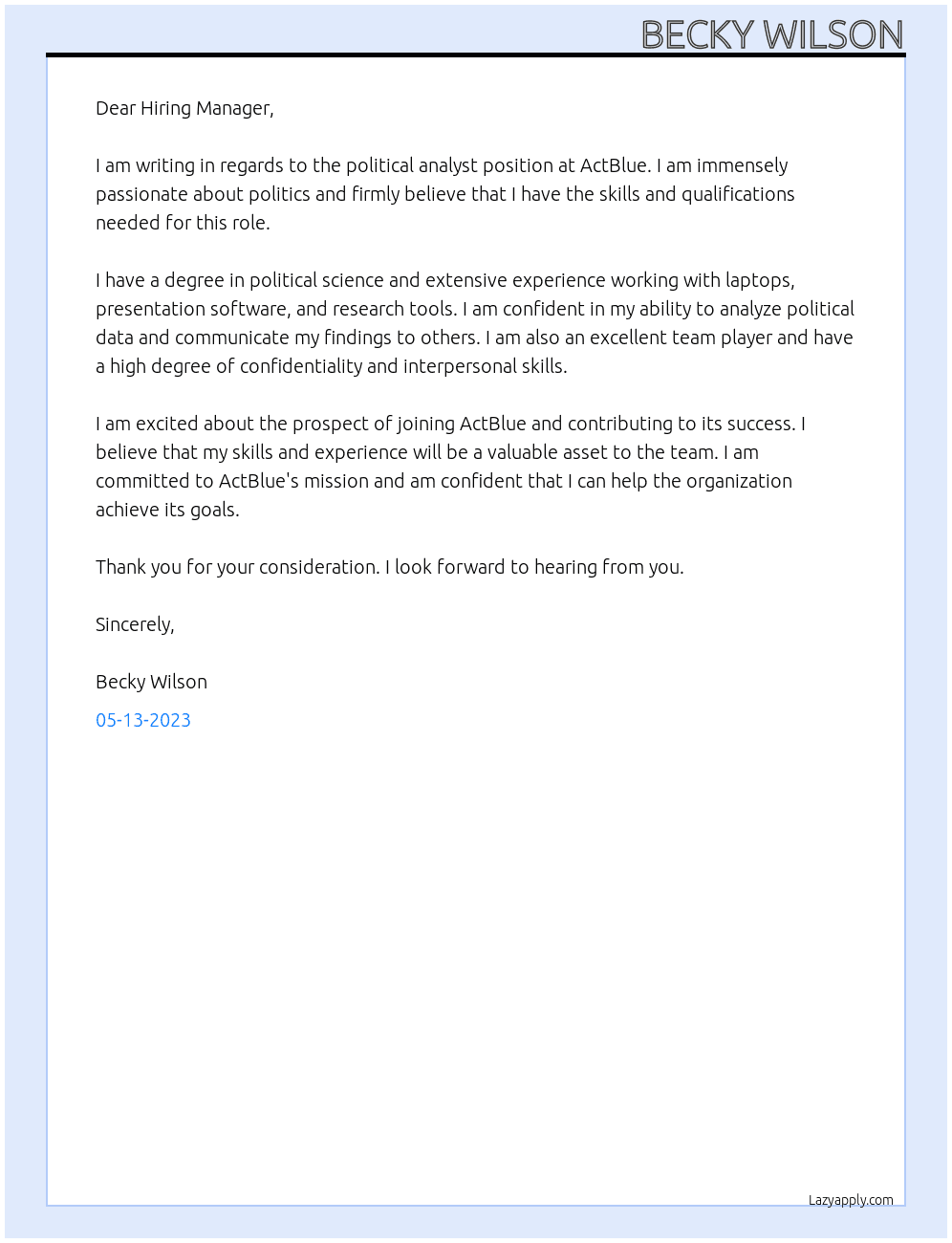 Political Analyist At ActBlue Cover Letter