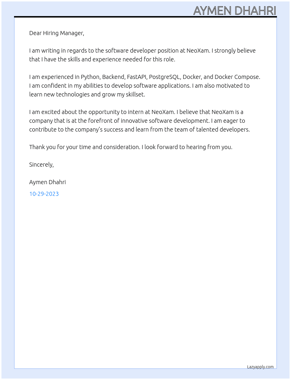 software developer At NeoXam Cover Letter