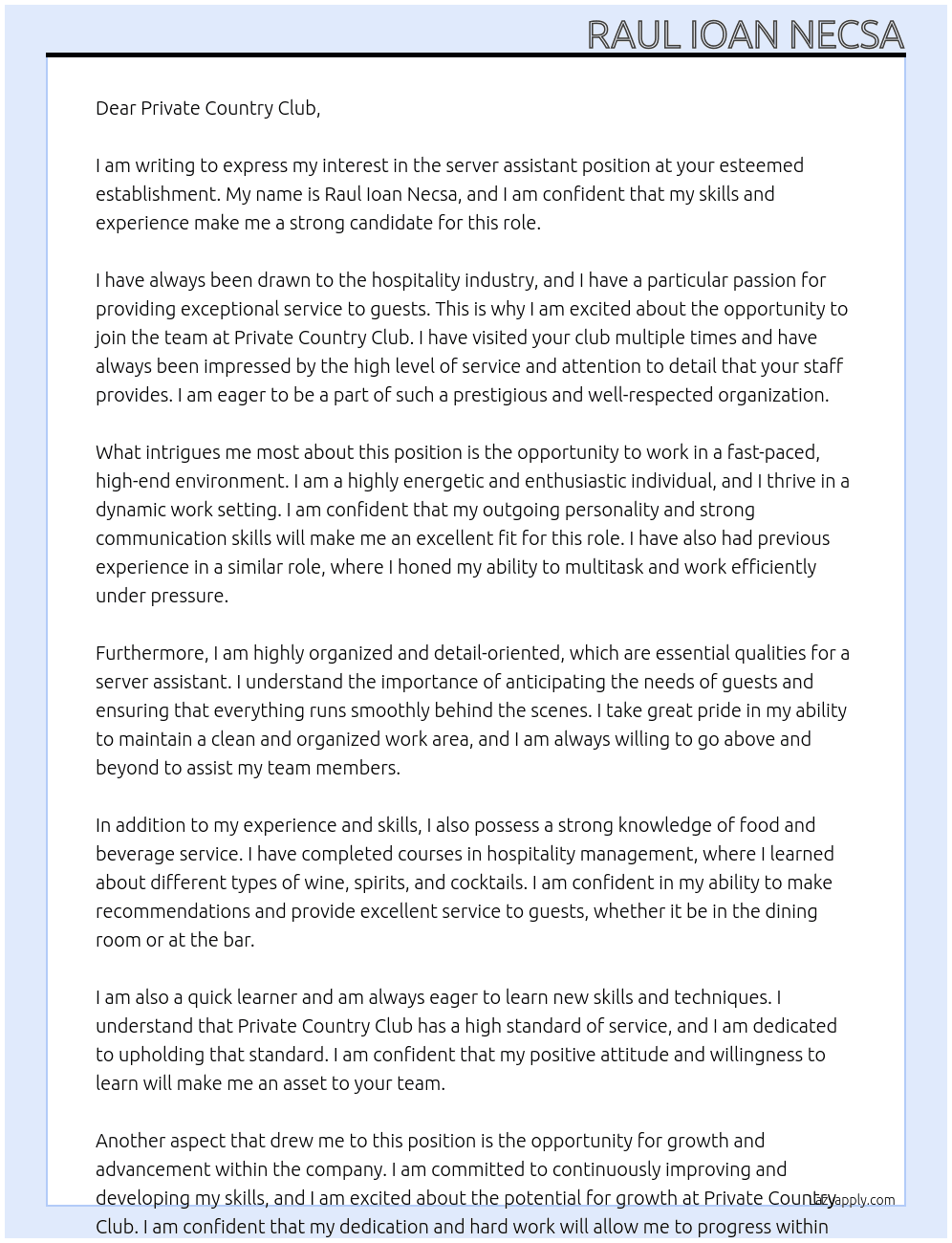 server assistant At Private Country Club Cover Letter