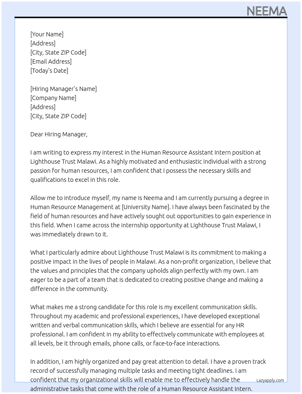 Human Resource Assistant Intern At Lighthouse Trust Malawi Cover Letter