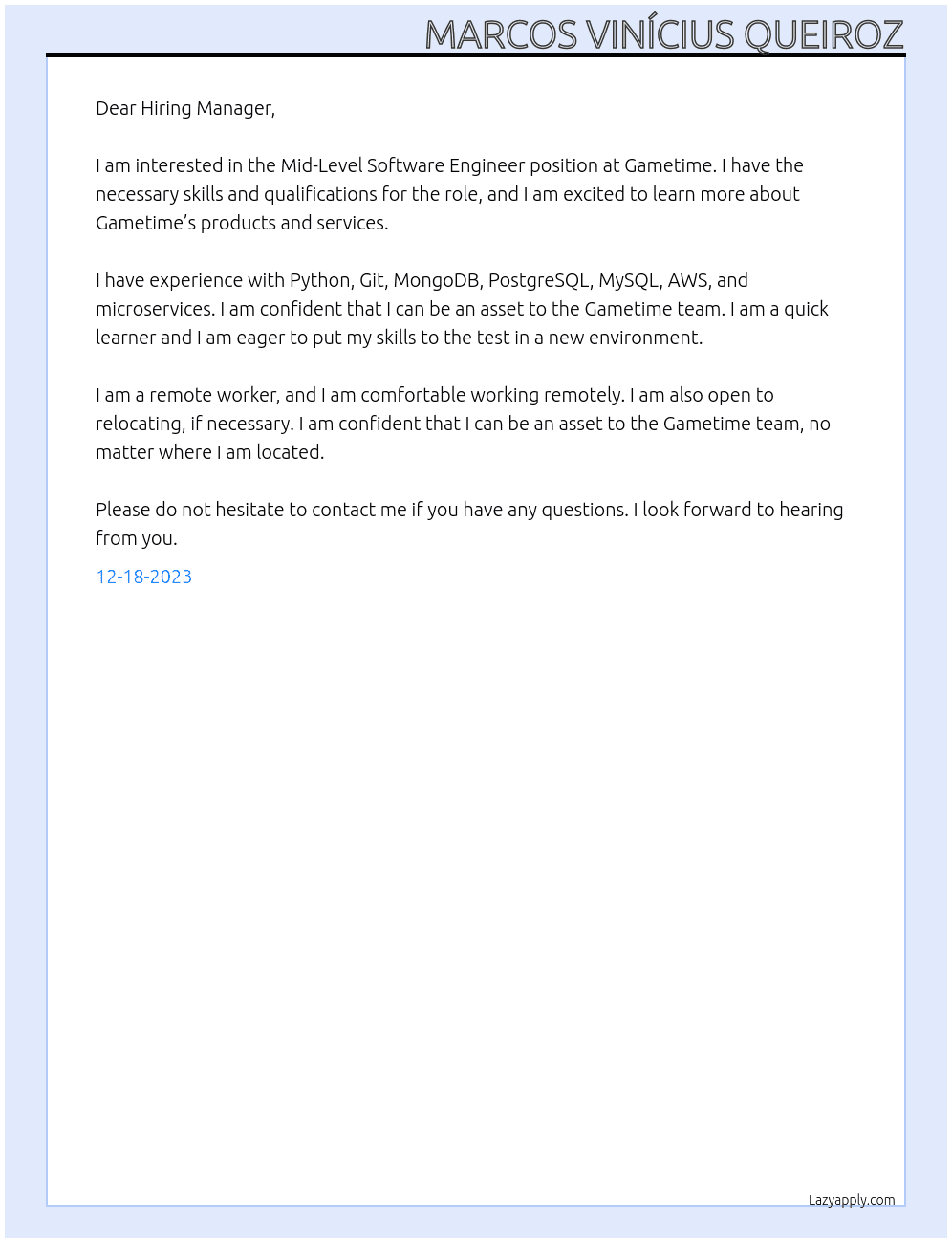 Mid-Level Software Engineer At Gametime Cover Letter