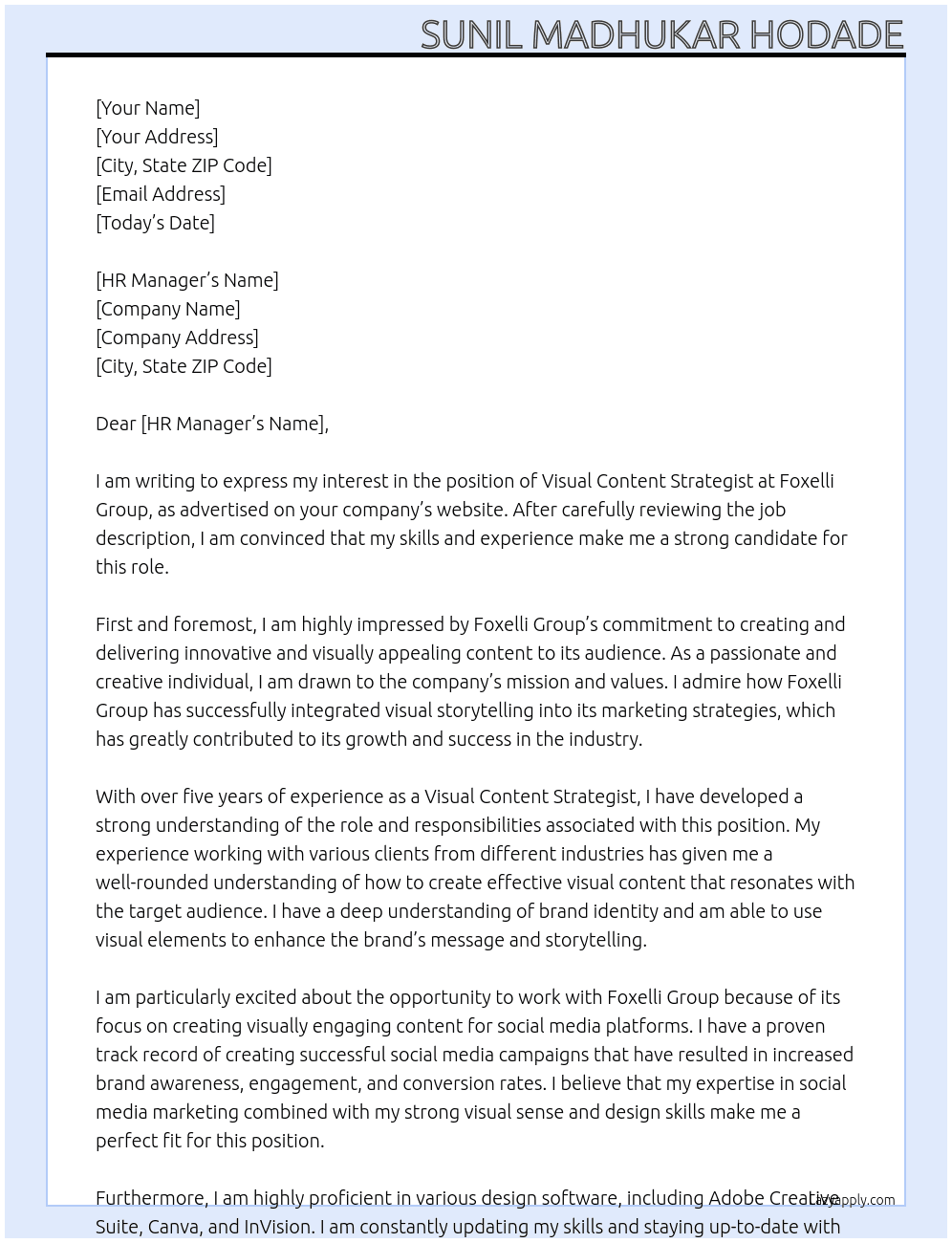 Visual Content Strategist At Foxelli Group Cover Letter