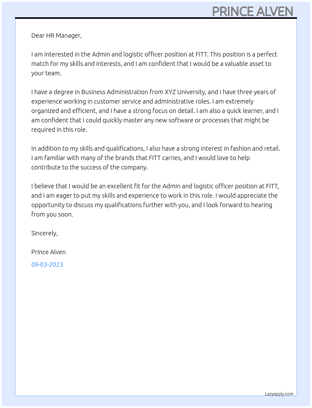 Admin and logistic officer  At FITT Cover Letter