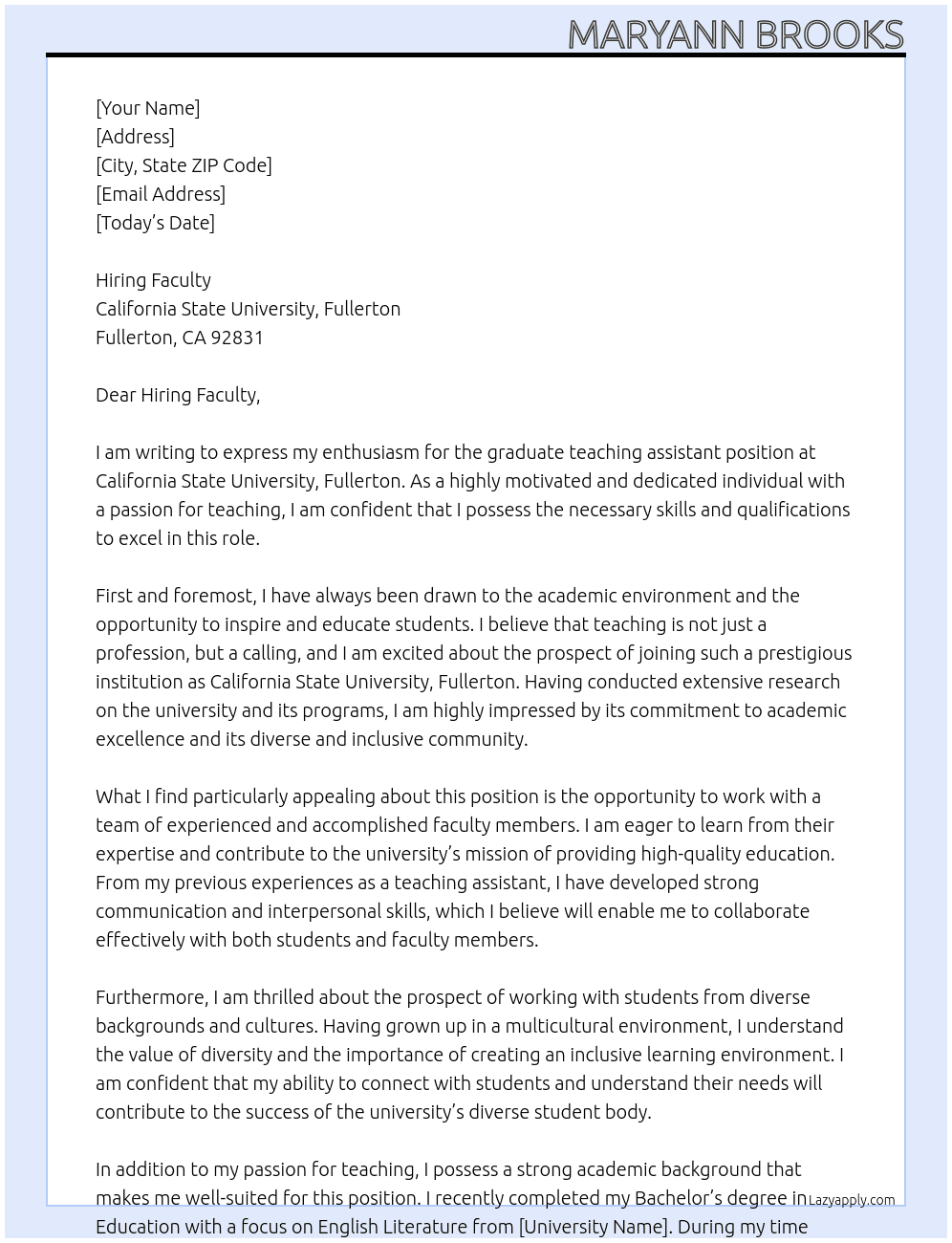 graduate teaching assitant  At California State University, Fullerton  Cover Letter