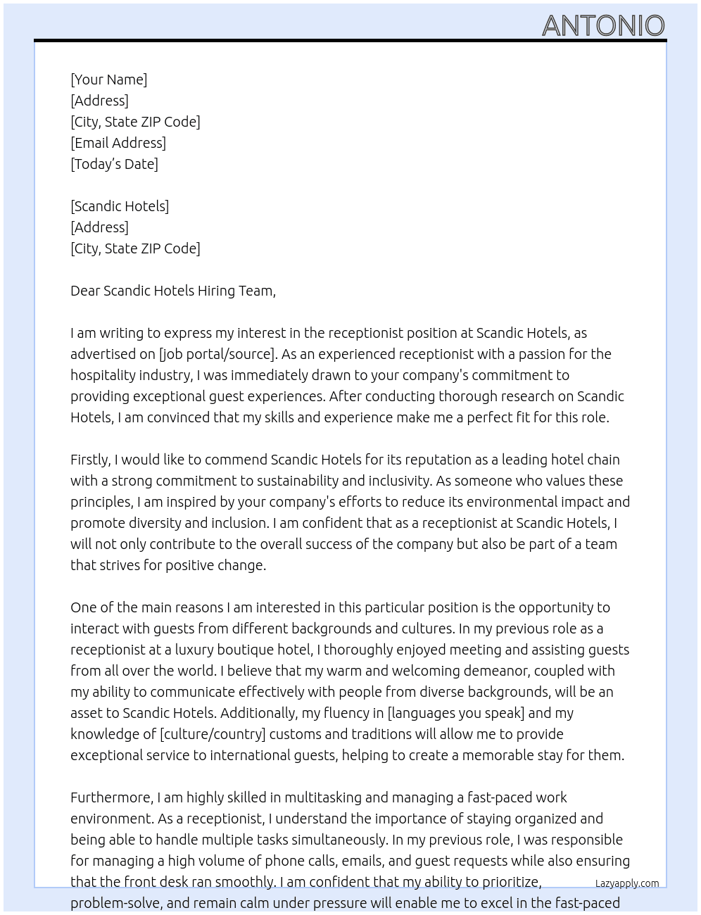 receptionist At Scandic Hotels Cover Letter